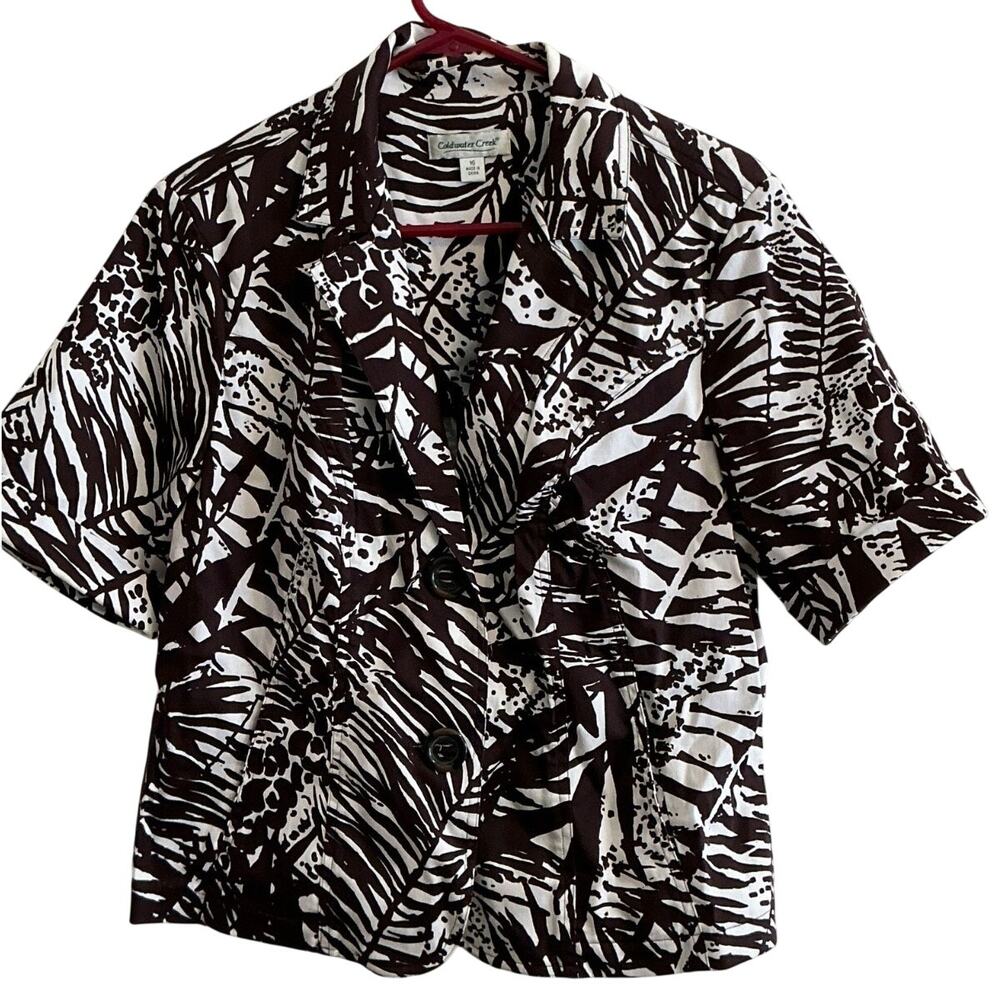 Coldwater Creek Zebra & Palm Print Button-Front Blouse Size 16 Brown/Tan